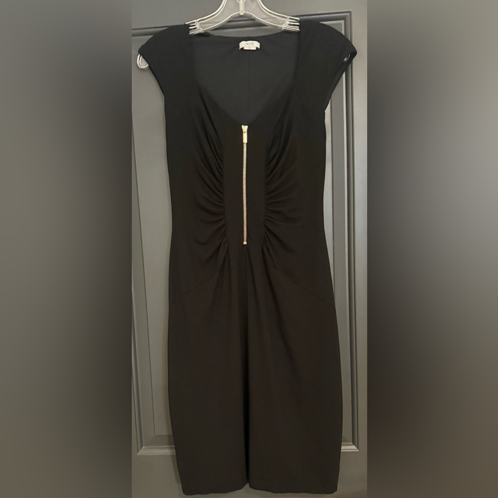 CACHE Black Gold Zip Front Ruched Bodycon Sheath Dress Medium